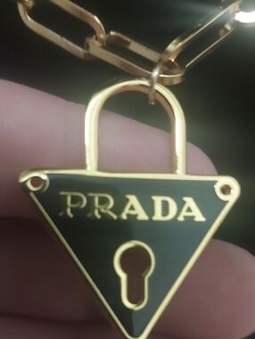 Prada Black Enamel & Gold Triangle PadLock Pendant Necklace